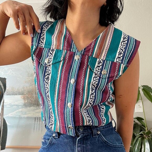 vintage 90s southwest button front vest top, small - Picture 1 of 9
